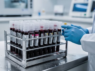 Laborantin entnimmt Probenröhren aus einem Kühlregal in einem modernen Labor