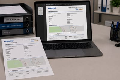 Hemostat-Chain-of-Custody-Transportprotokoll als PDF/A auf Laptop und Ausdruck