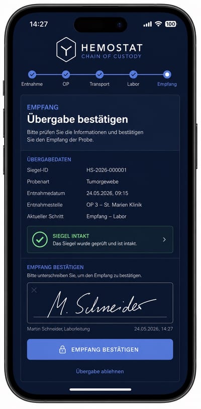 Hemostat-App-Bildschirm: Empfang bestätigen mit Unterschriftenfeld