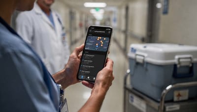 Krankenhauspersonal hält Smartphone mit Hemostat-App-Auftragsverlauf vor Klinikflur mit Transportkühlbox
