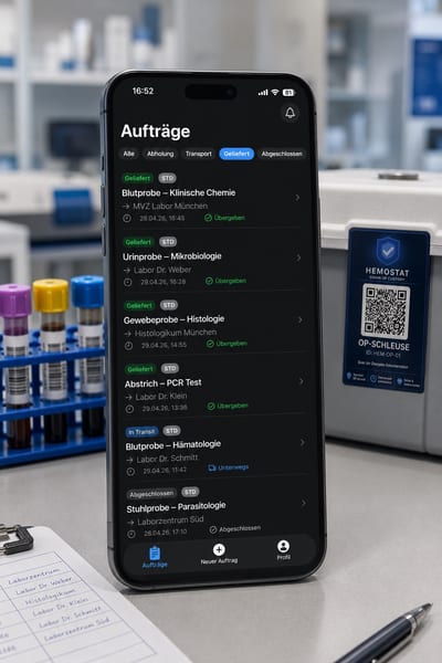 Hemostat-App-Dashboard mit Transportliste und Statusanzeigen In Transit, Übergeben, Abgeschlossen