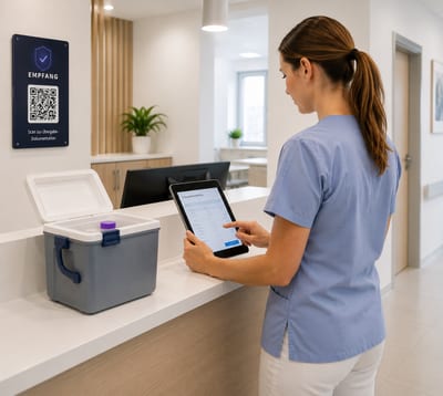 Medizinische Fachangestellte tippt auf Tablet an Praxisrezeption neben kleiner Kühlbox mit Probenbehälter