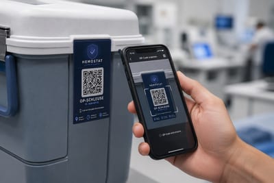 Hand scannt QR-Code auf Einmal-Siegel an einer Transportbox