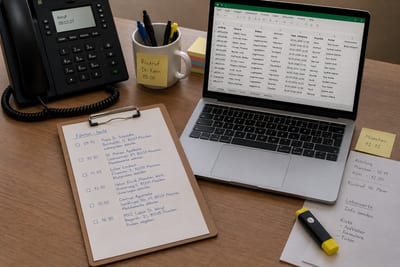 Schreibtisch mit Klemmbrett, handgeschriebener Liste, Telefon und Excel auf dem Laptop