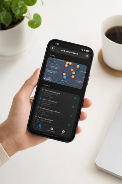 Smartphone mit Hemostat-App: Karte und Auftragsverlauf eines aktiven Transports