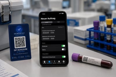 Hemostat-App-Auftragsanlage mit Pickup-Schild und Blutprobe im Labor