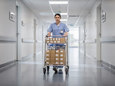 Mitarbeiter schiebt Transportwagen mit beschrifteten Boxen durch hellen Klinikflur